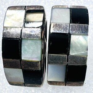 Vtg 925 Silver Checkerboard Stud Earrings Onyx Mother Of Pearl Inlay Thai SX